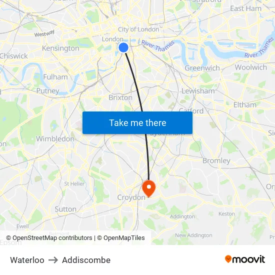 Waterloo to Addiscombe map