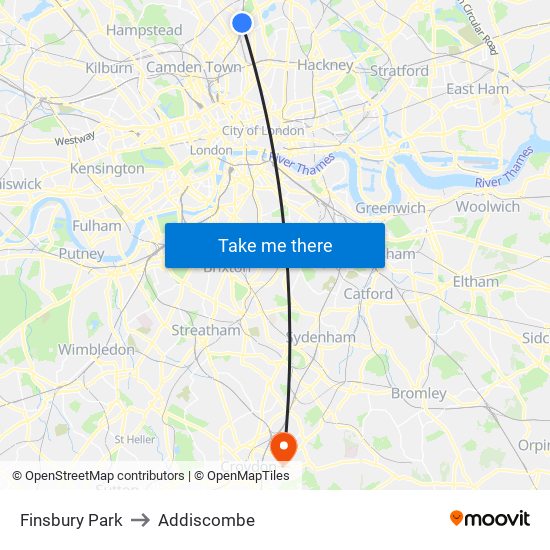 Finsbury Park to Addiscombe map