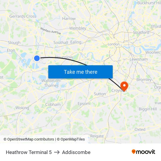 Heathrow Terminal 5 to Addiscombe map