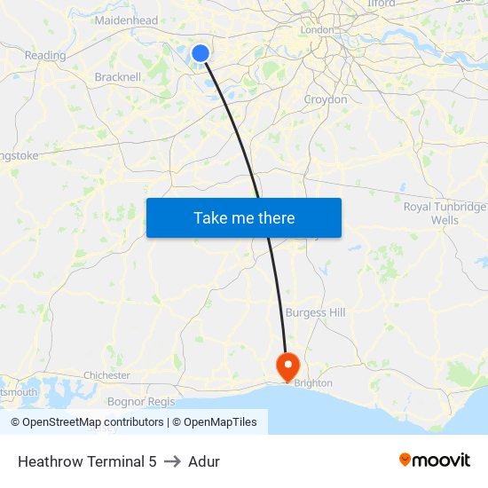 Heathrow Terminal 5 to Adur map