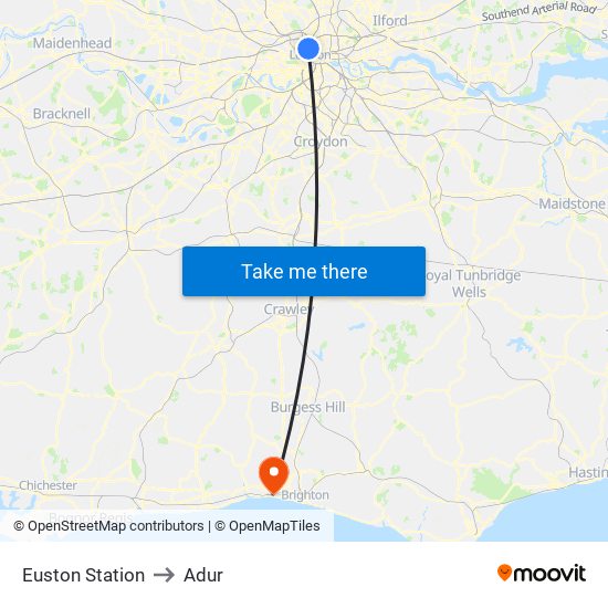 Euston Station to Adur map