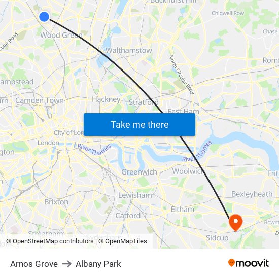 Arnos Grove to Albany Park map