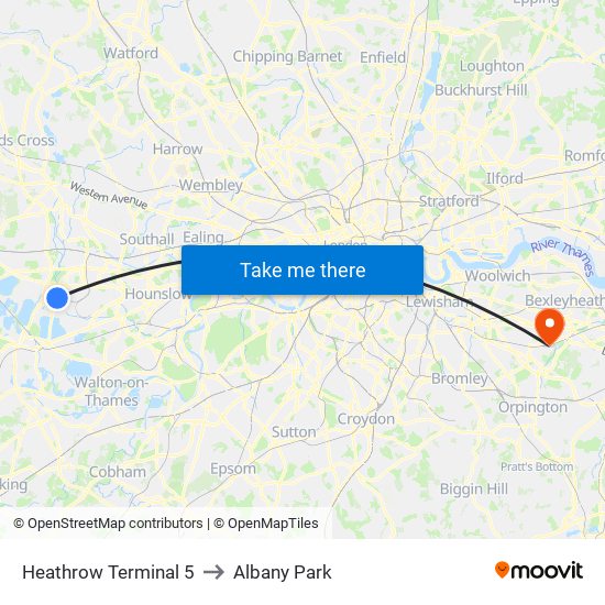 Heathrow Terminal 5 to Albany Park map