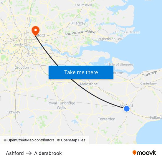 Ashford to Aldersbrook map