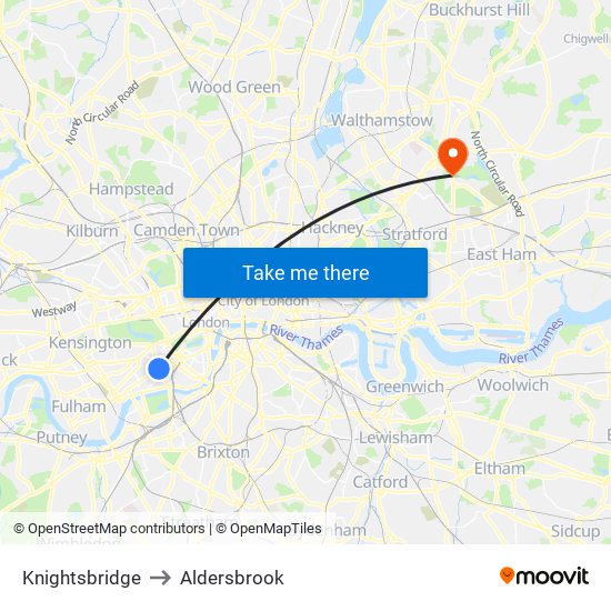 Knightsbridge to Aldersbrook map