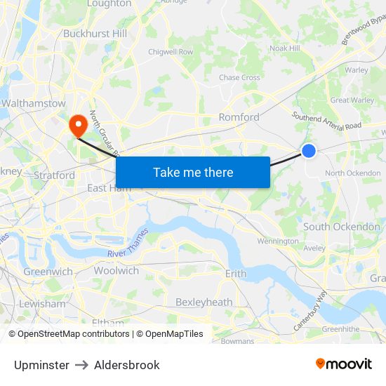 Upminster to Aldersbrook map