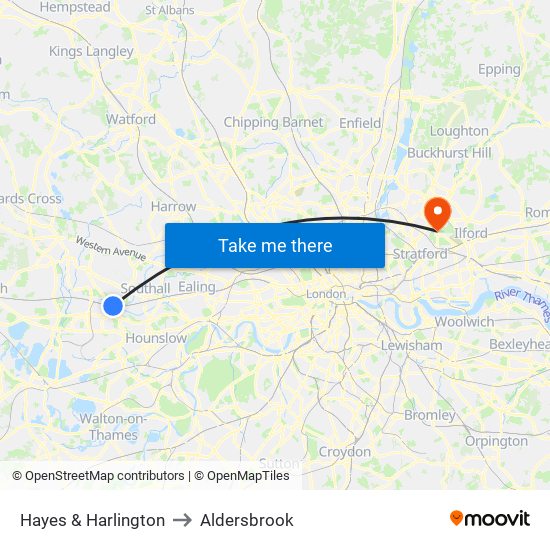 Hayes & Harlington to Aldersbrook map