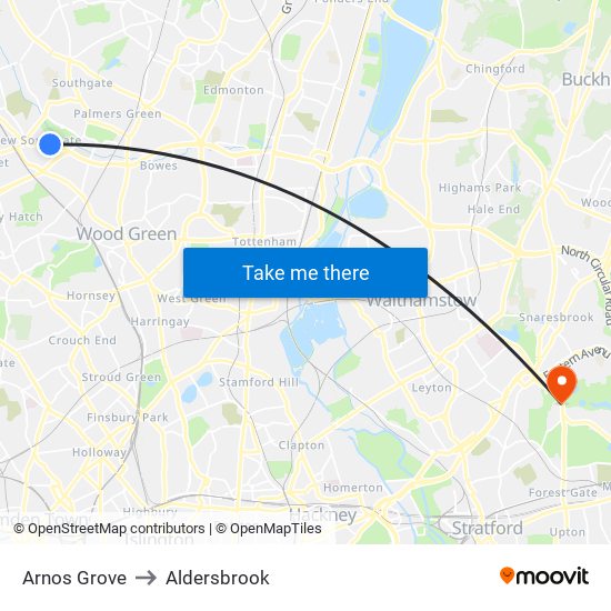 Arnos Grove to Aldersbrook map