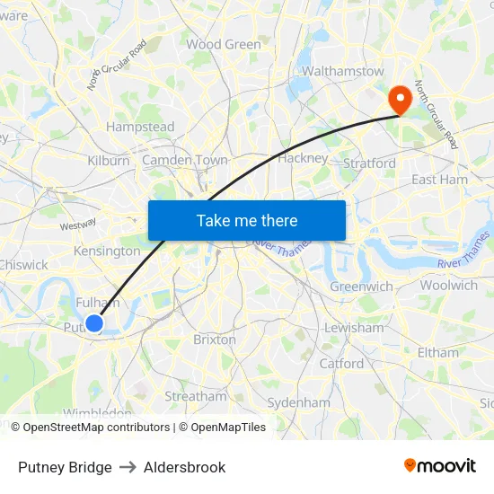 Putney Bridge to Aldersbrook map