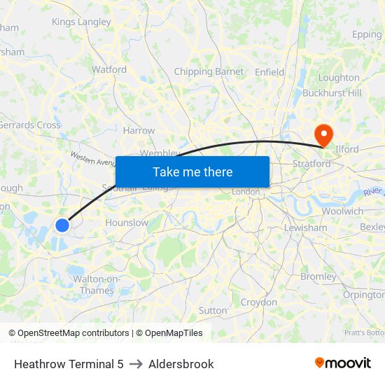 Heathrow Terminal 5 to Aldersbrook map