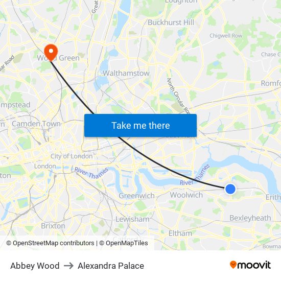 Abbey Wood to Alexandra Palace map