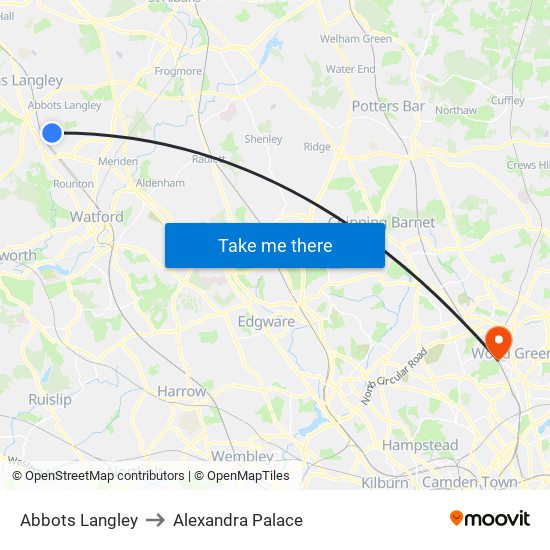 Abbots Langley to Alexandra Palace map