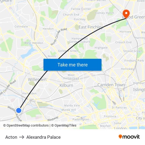 Acton to Alexandra Palace map