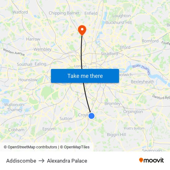 Addiscombe to Alexandra Palace map