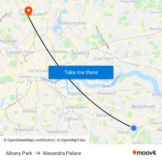 Albany Park to Alexandra Palace map