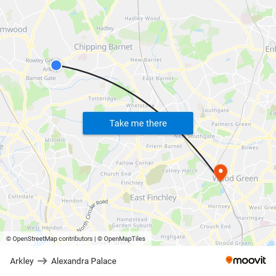 Arkley to Alexandra Palace map
