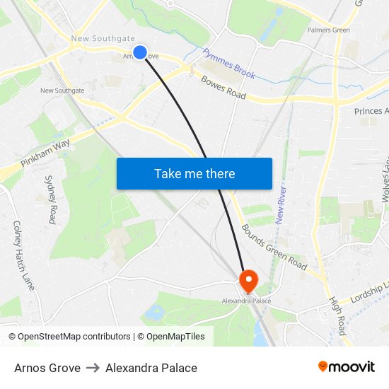 Arnos Grove to Alexandra Palace map