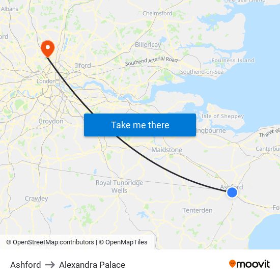 Ashford to Alexandra Palace map