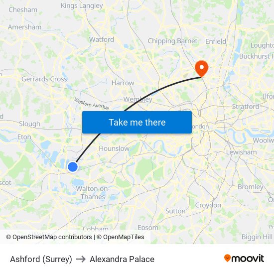 Ashford (Surrey) to Alexandra Palace map