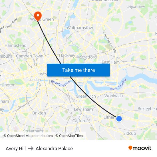 Avery Hill to Alexandra Palace map