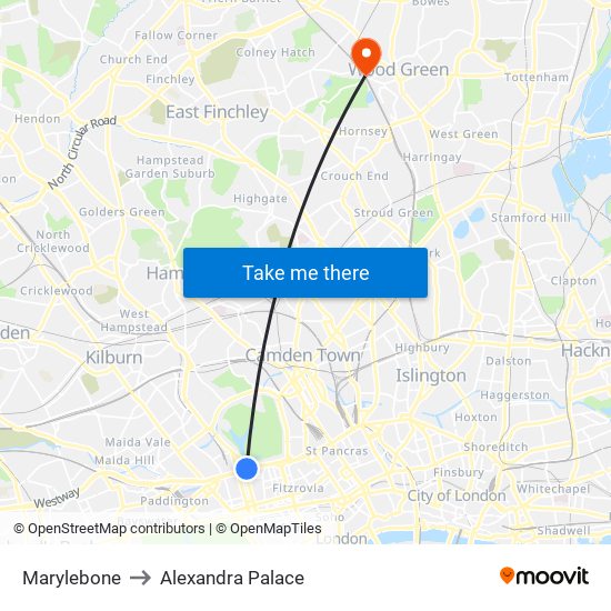 Marylebone to Alexandra Palace map