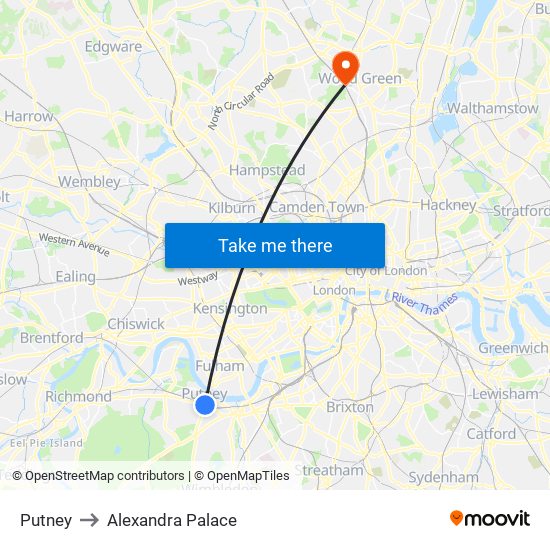 Putney to Alexandra Palace map