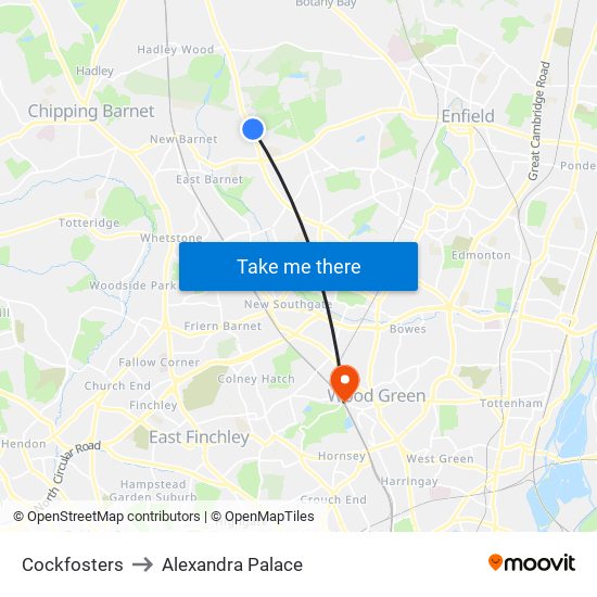 Cockfosters to Alexandra Palace map