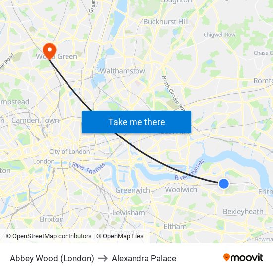 Abbey Wood (London) to Alexandra Palace map