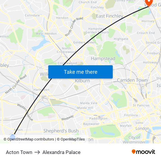 Acton Town to Alexandra Palace map