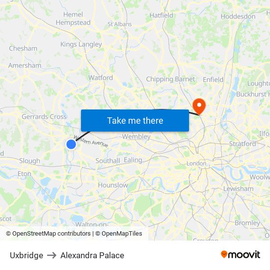 Uxbridge to Alexandra Palace map