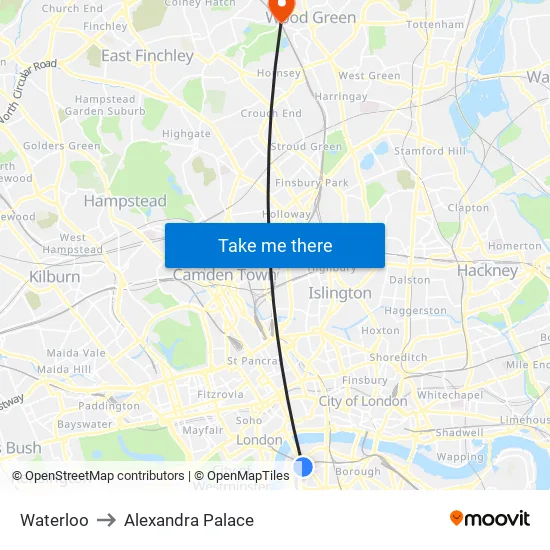 Waterloo to Alexandra Palace map