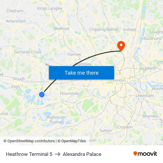 Heathrow Terminal 5 to Alexandra Palace map