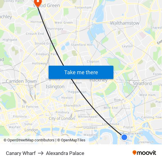 Canary Wharf to Alexandra Palace map