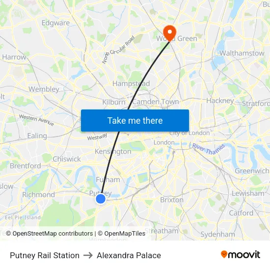 Putney Rail Station to Alexandra Palace map