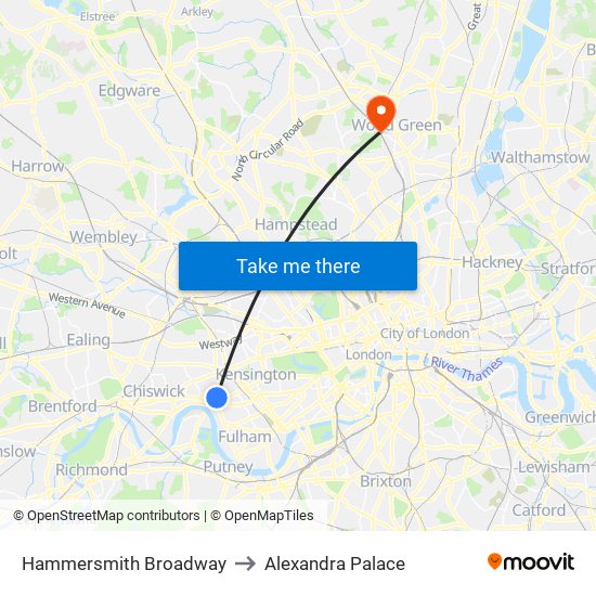 Hammersmith Broadway to Alexandra Palace map