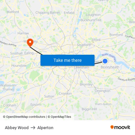 Abbey Wood to Alperton map