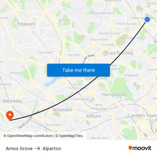 Arnos Grove to Alperton map