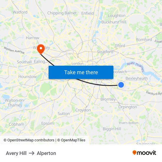 Avery Hill to Alperton map