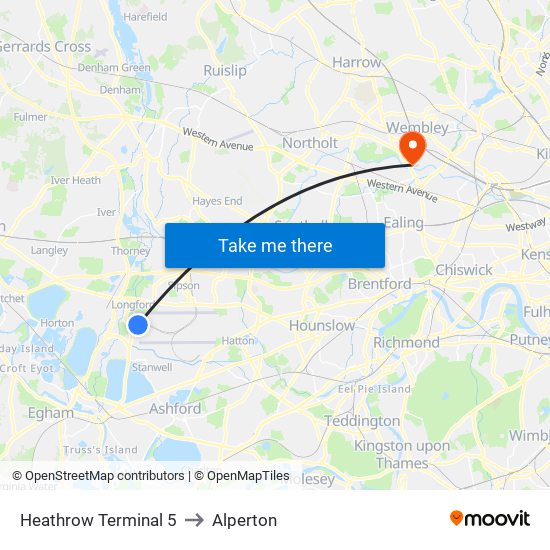 Heathrow Terminal 5 to Alperton map