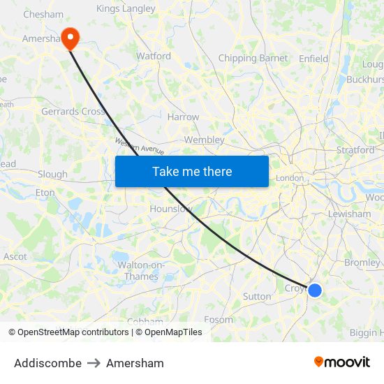 Addiscombe to Amersham map