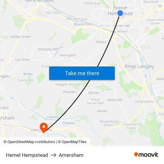 Hemel Hempstead to Amersham map