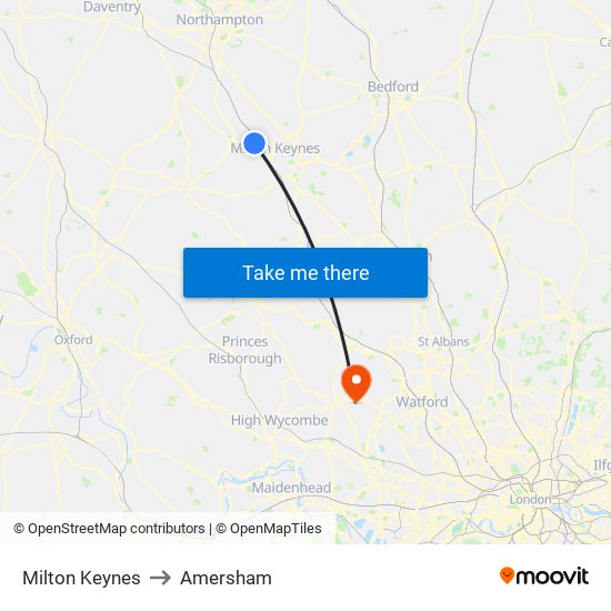 Milton Keynes to Amersham map