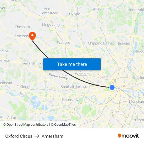 Oxford Circus to Amersham map