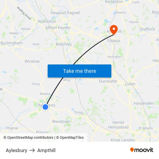 Aylesbury to Ampthill map