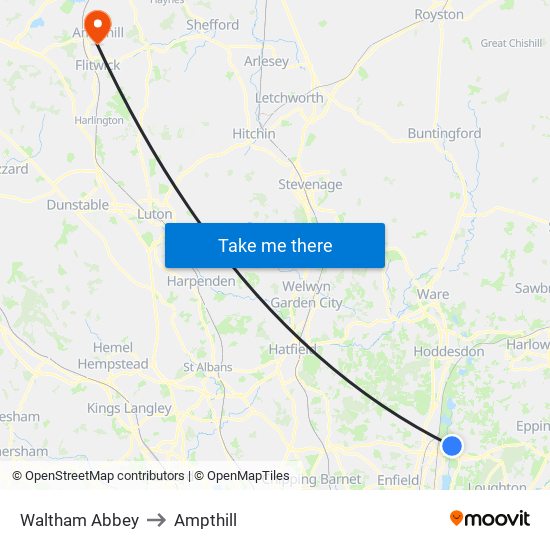 Waltham Abbey to Ampthill map