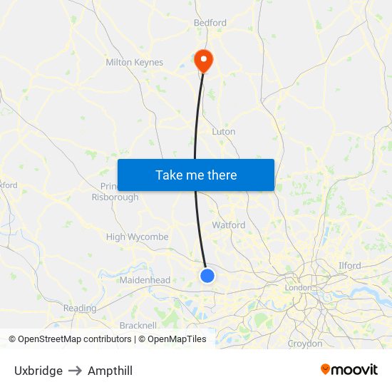 Uxbridge to Ampthill map