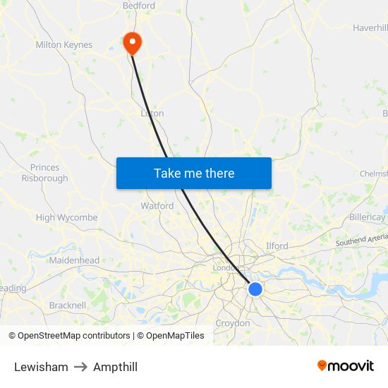 Lewisham to Ampthill map