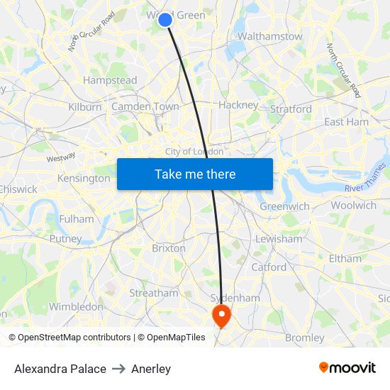 Alexandra Palace to Anerley map