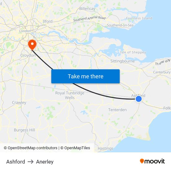 Ashford to Anerley map