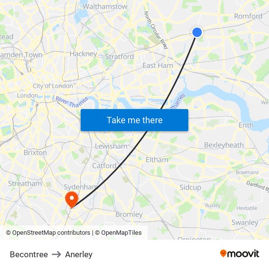 Becontree to Anerley map